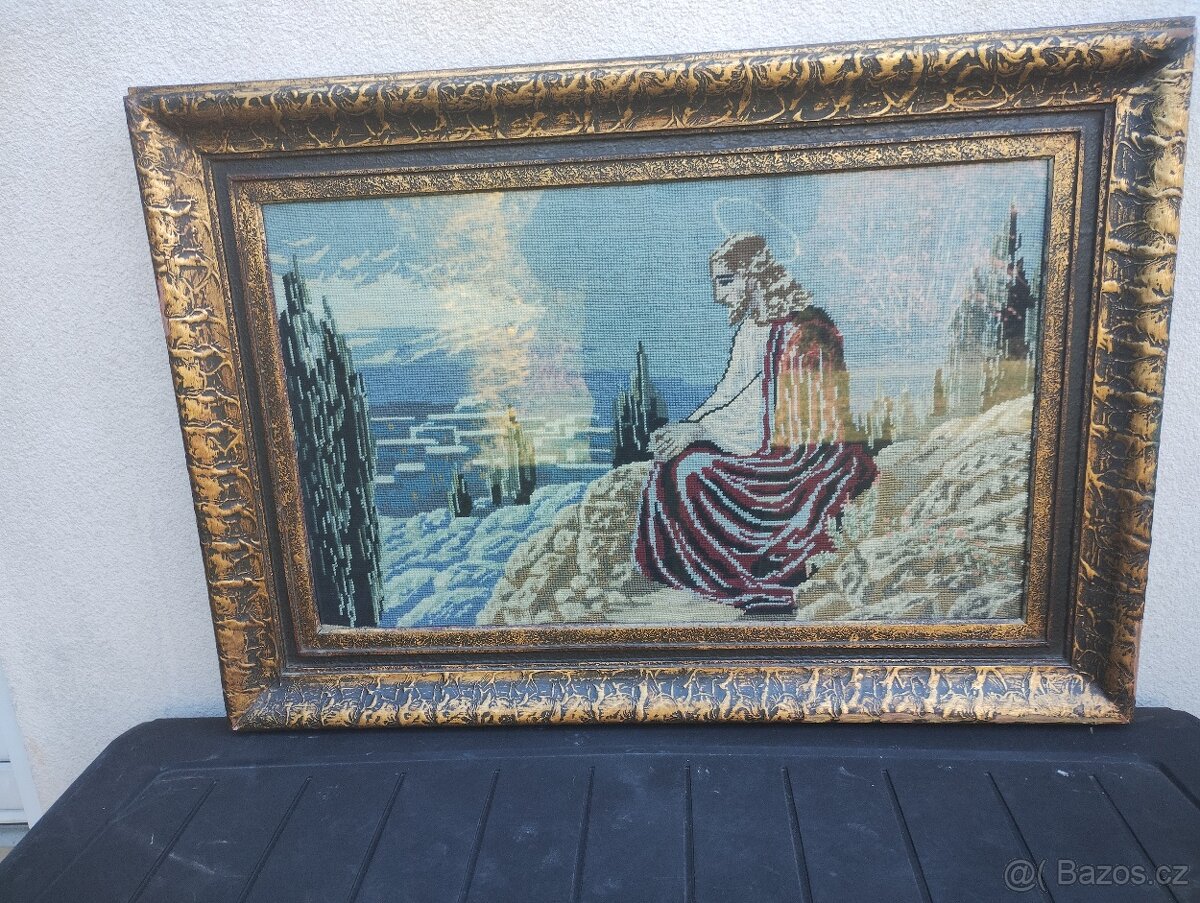 Prodám obraz Ježíše tkaný zaskleny