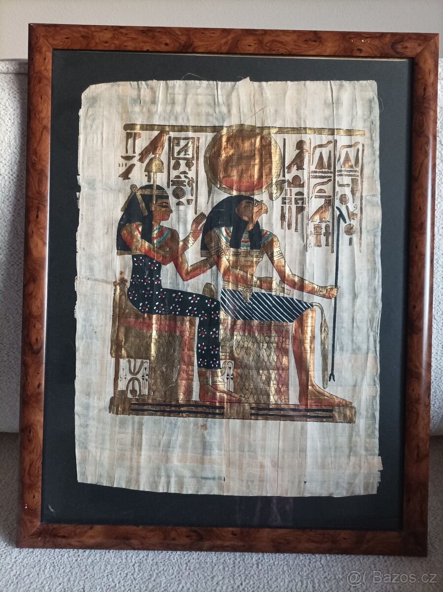 Bůh Horus a bohyně Hátor - papyrus, zasklený a v rámu