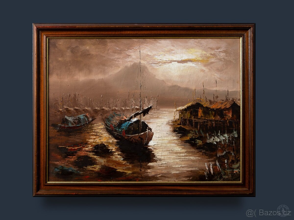 Přístav v Asii, C.May , olej na plátně, 700 × 540 mm