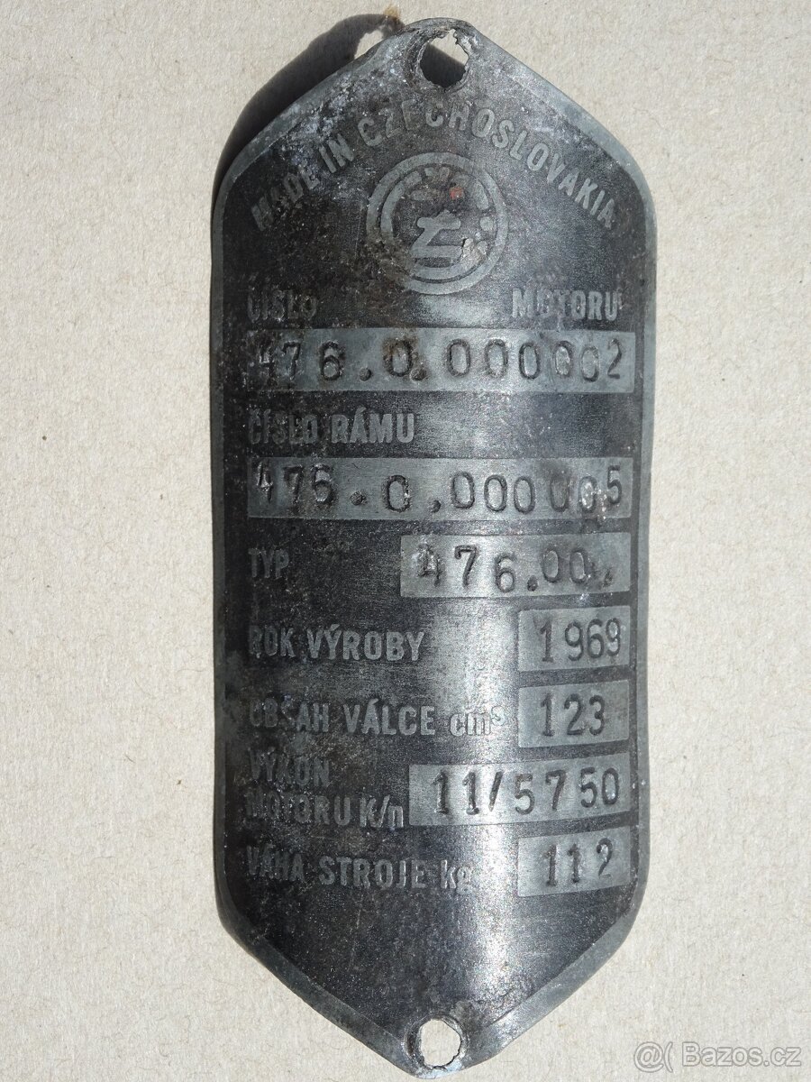 ČZ 125/476 - výr. číslo 000002 - originální štítek