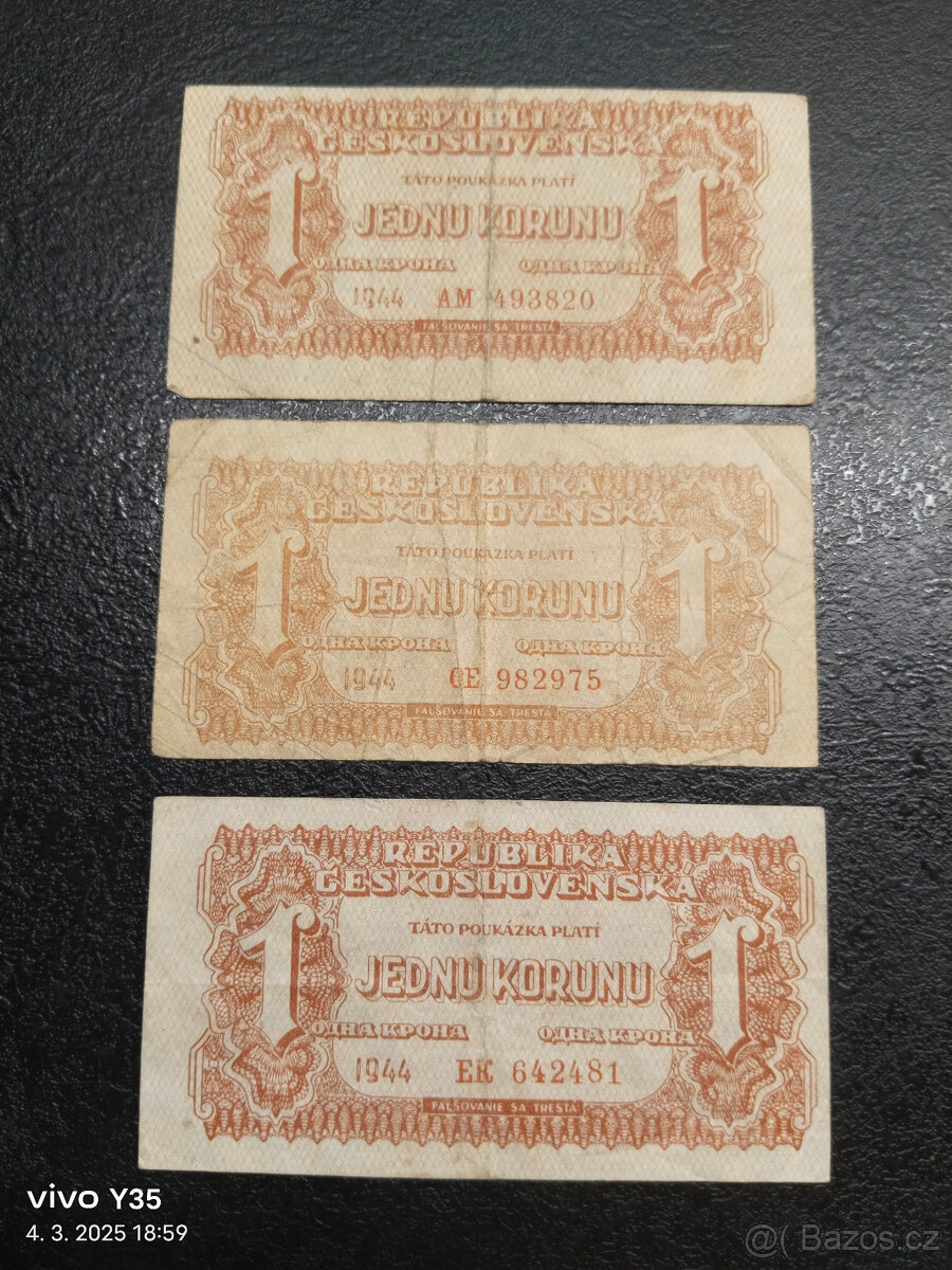 Korunové poukázky 1944 Československo posunutý tisk