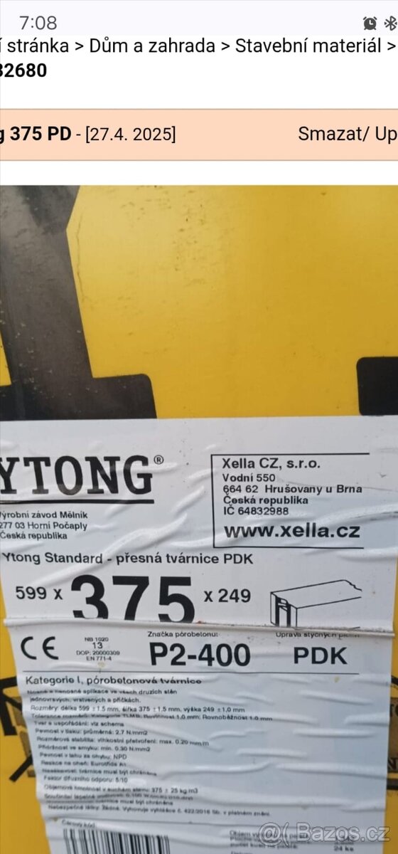 Pórobetonové tvárnice Ytong, šířka 375 mm