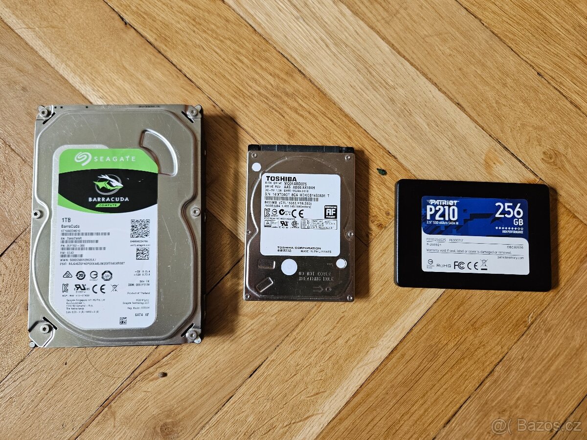 Použité disky 1TB HDD, 500GB HDD, 256GB SSD