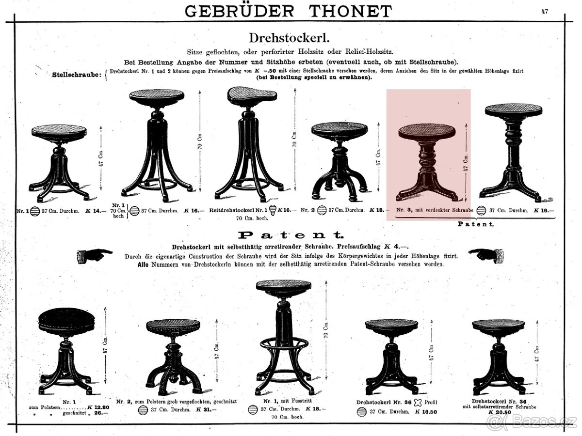 Klavírní, výškově stavitelná židle, stolička THONET No.3