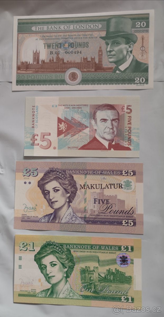 Bankovky Diana, Holmes, Connery, Masaryk, Beneš..Gábriš