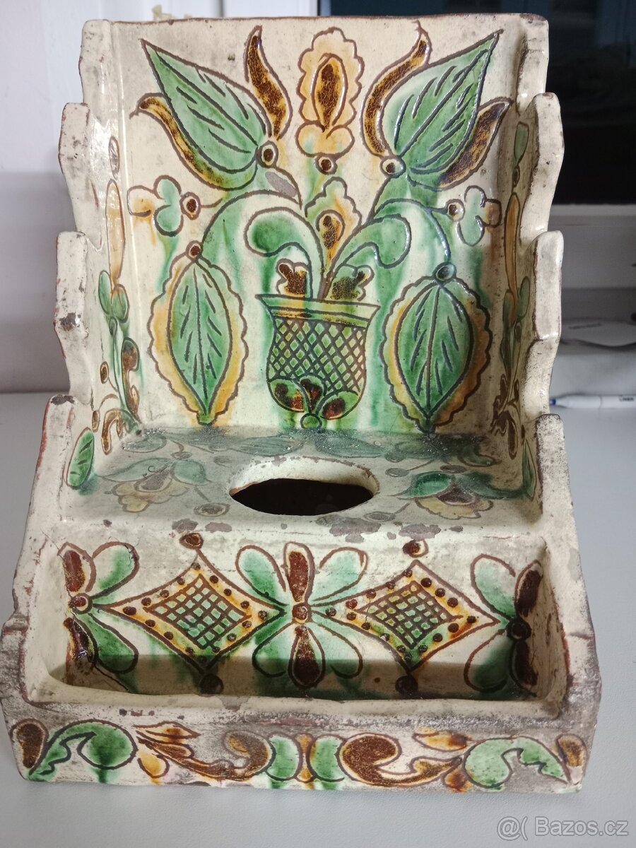 Keramický kahánkový svícen / lidová majolika – ruční malba