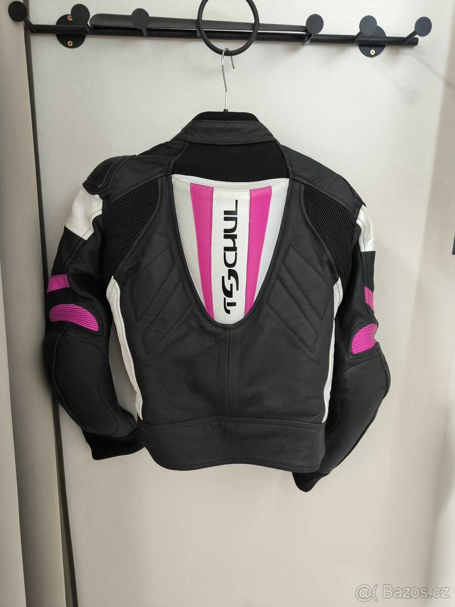 Dámská dvoudílná kožená kombinéza TSCHUL, černo-bílo-RŮŽOVÁ,