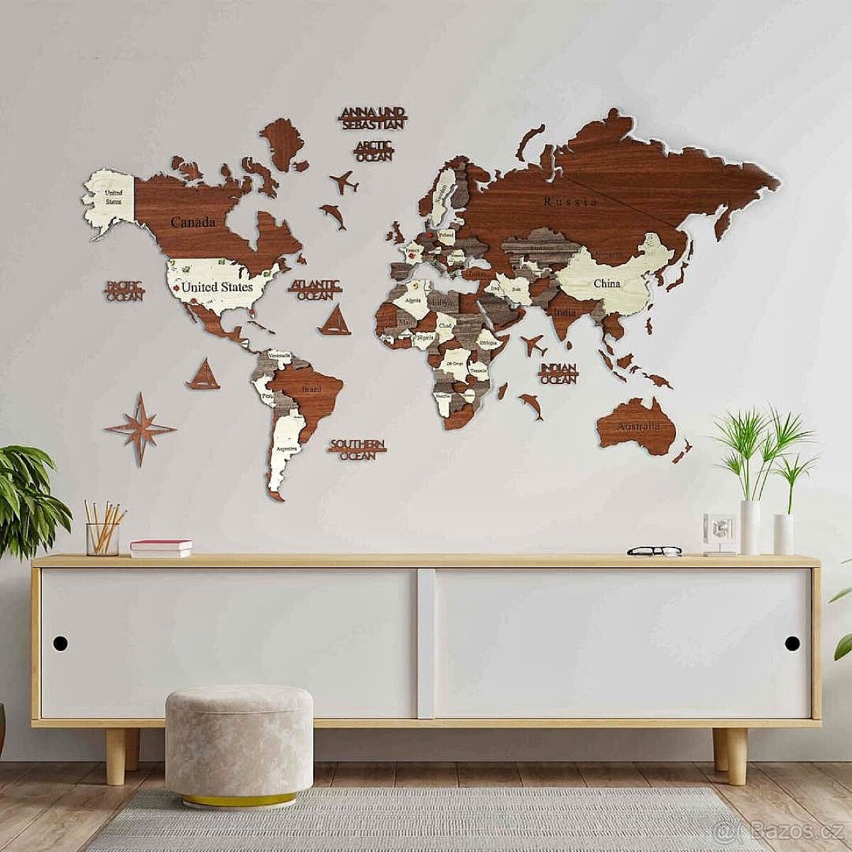 Dřevěná nástěnná mapa světa 3D (vrstvená)