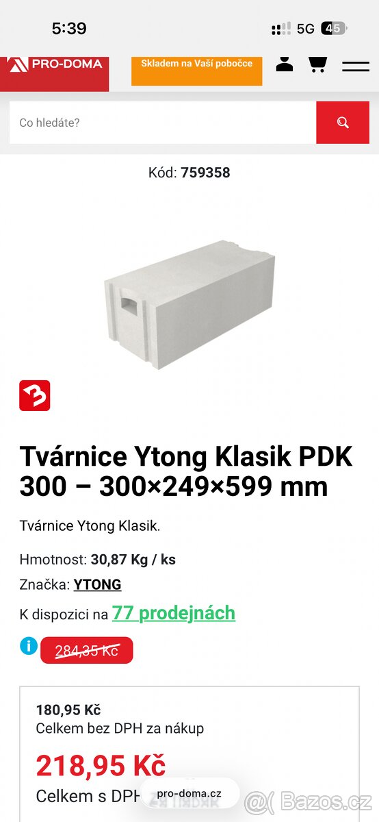Prodám 33ks Tvárnice Ytong Klasik PDK 300 - 300×249×599mm