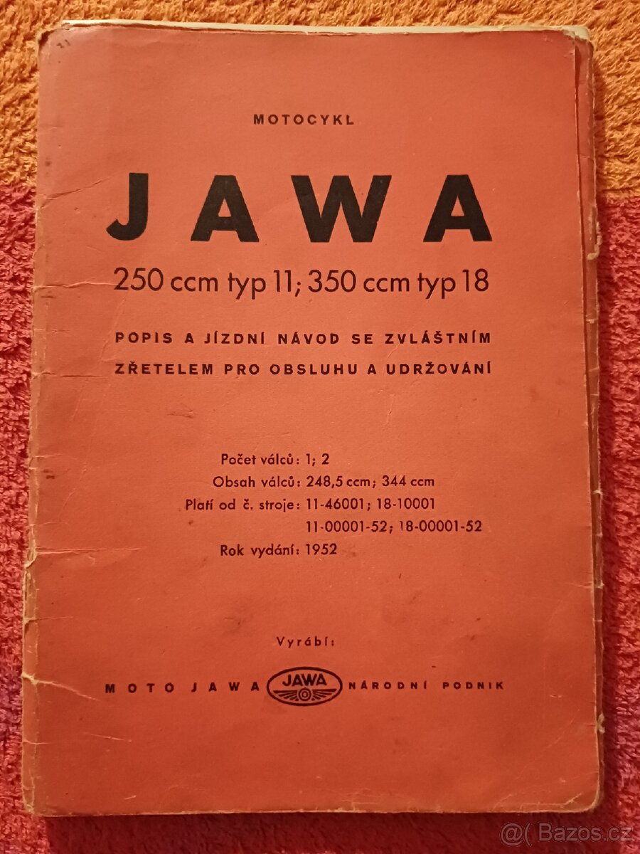 Prodám Popis a jízdní návod Jawa pérák 250 a 350 r.v.1952