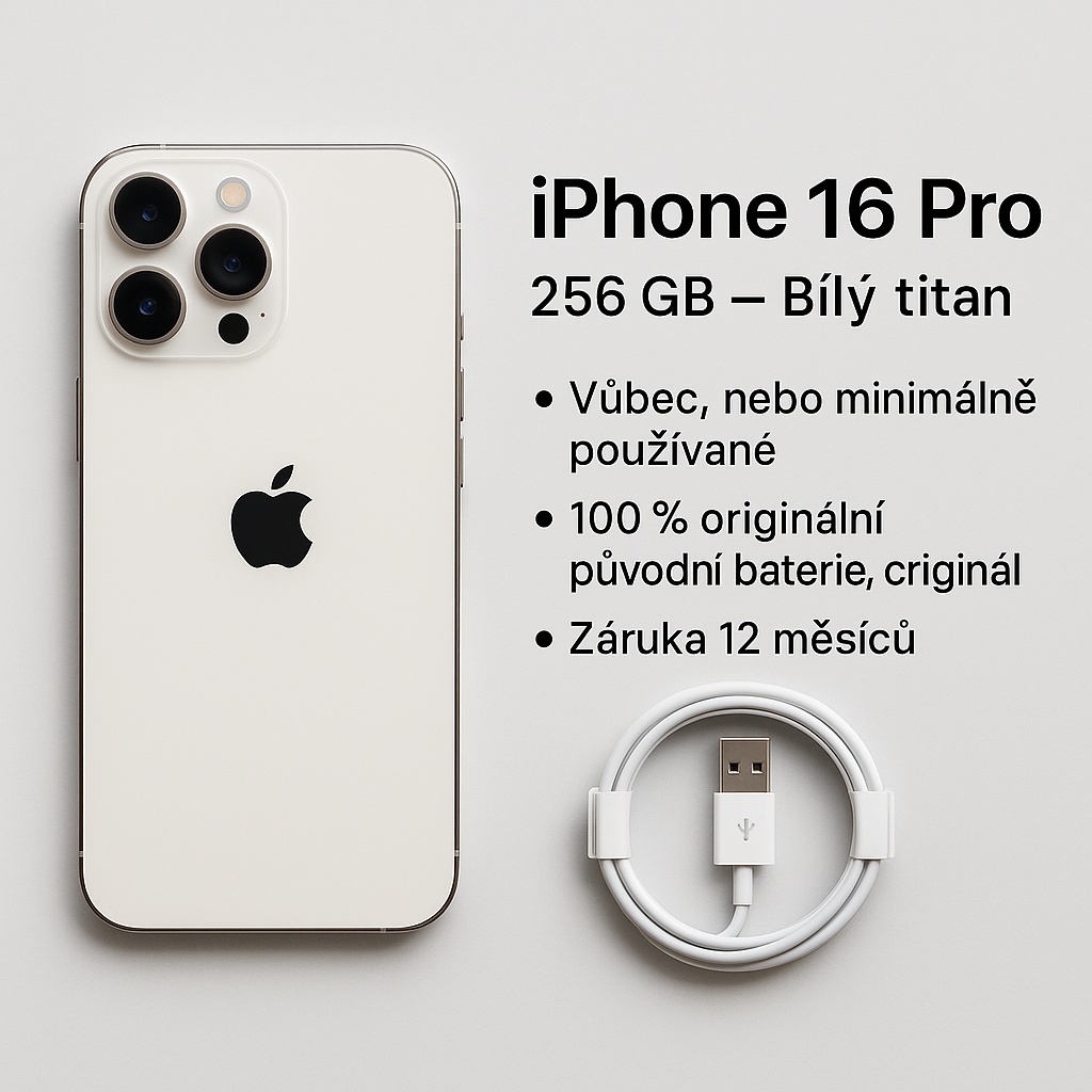 iPhone 16 Pro 256 GB – Bílý titan v dokonalém stavu