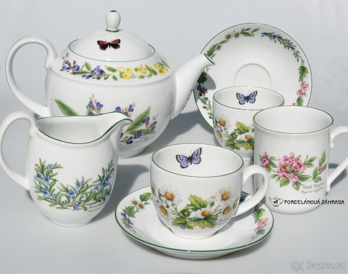 Bylinková porcelánová sada -cajnik +dvojset +mlékovka +hrnek