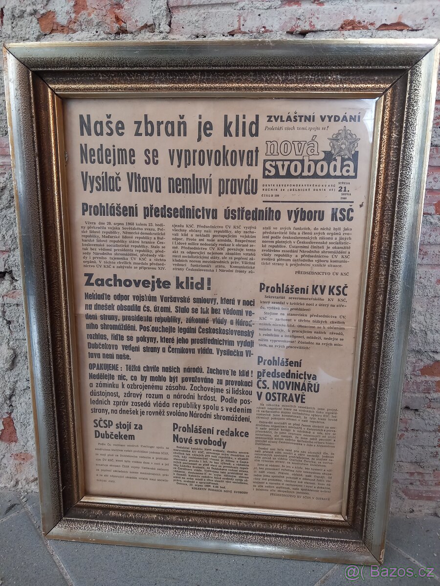 Zarámovaný tisk novyn z 21. Srpna  1968