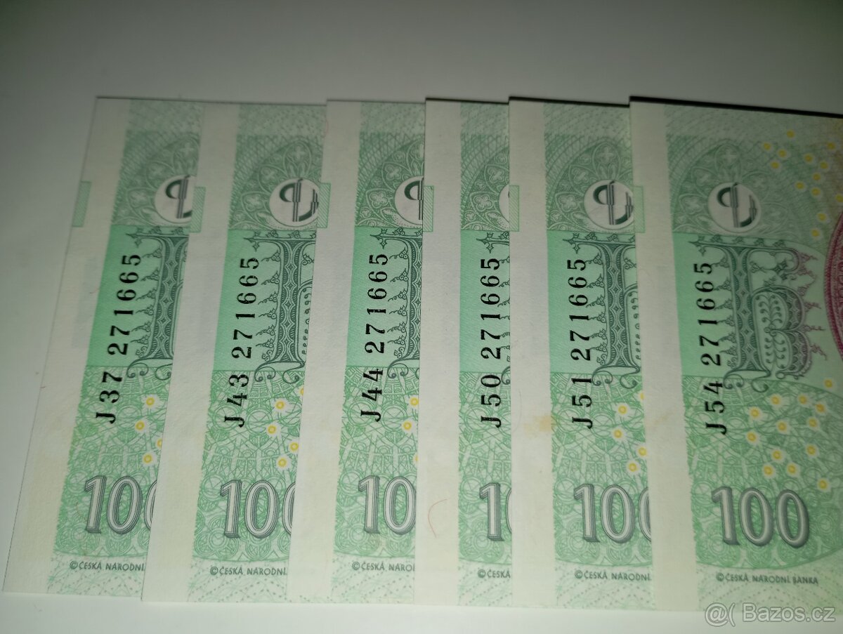 BANKOVKY 100 KČ 2018, 6 KUSŮ STEJNÝCH SÉRIOVÝCH ČÍSEL