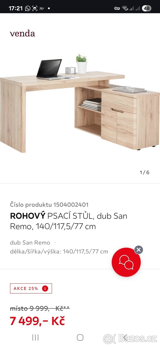 ROHOVÝ PSACÍ STŮL venda, dub San Remo, 140/117,5/77 cm
