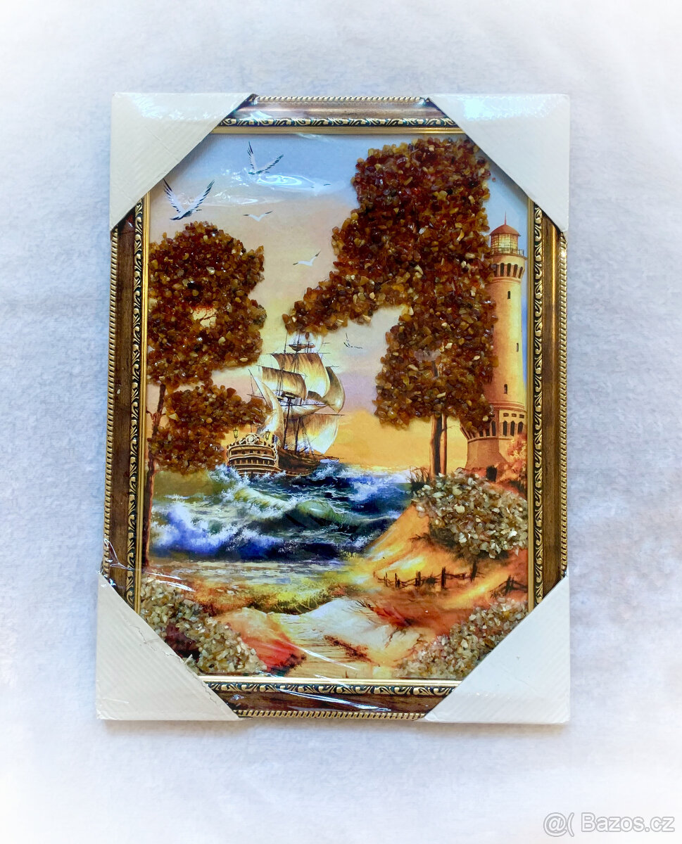 Luxusní jantarový obraz „Maják a plachetnice“ – originál