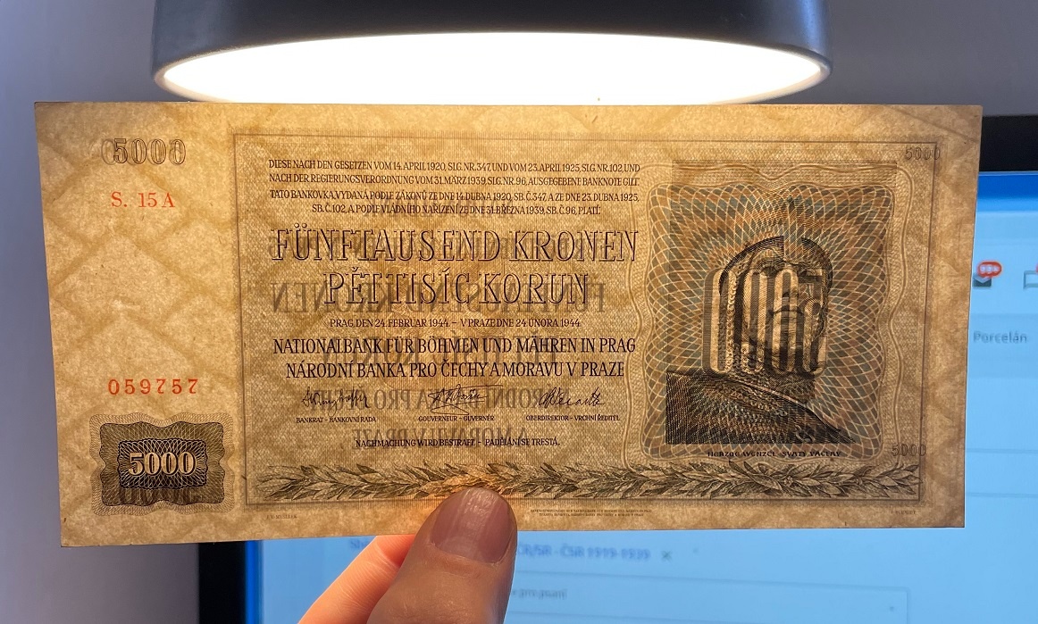 Staré bankovky 5000 korun 1944 NEPERFOROVANA, VZÁCNÁ,
