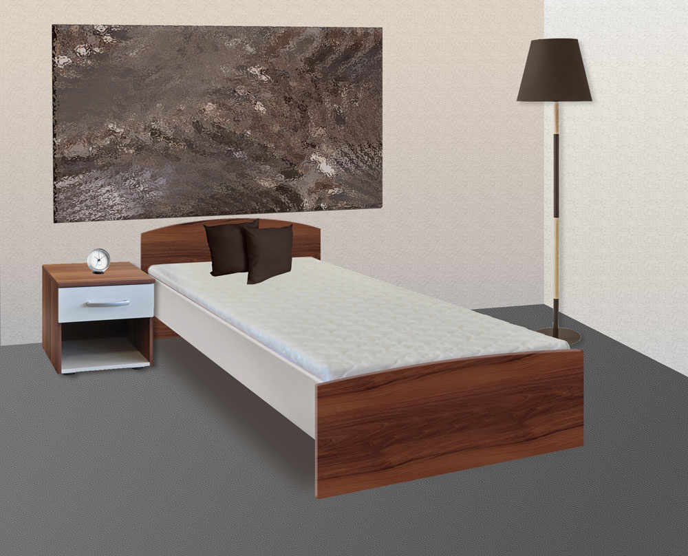 Postel 90x200 včetně matrace a roštu. Ořech/bílá