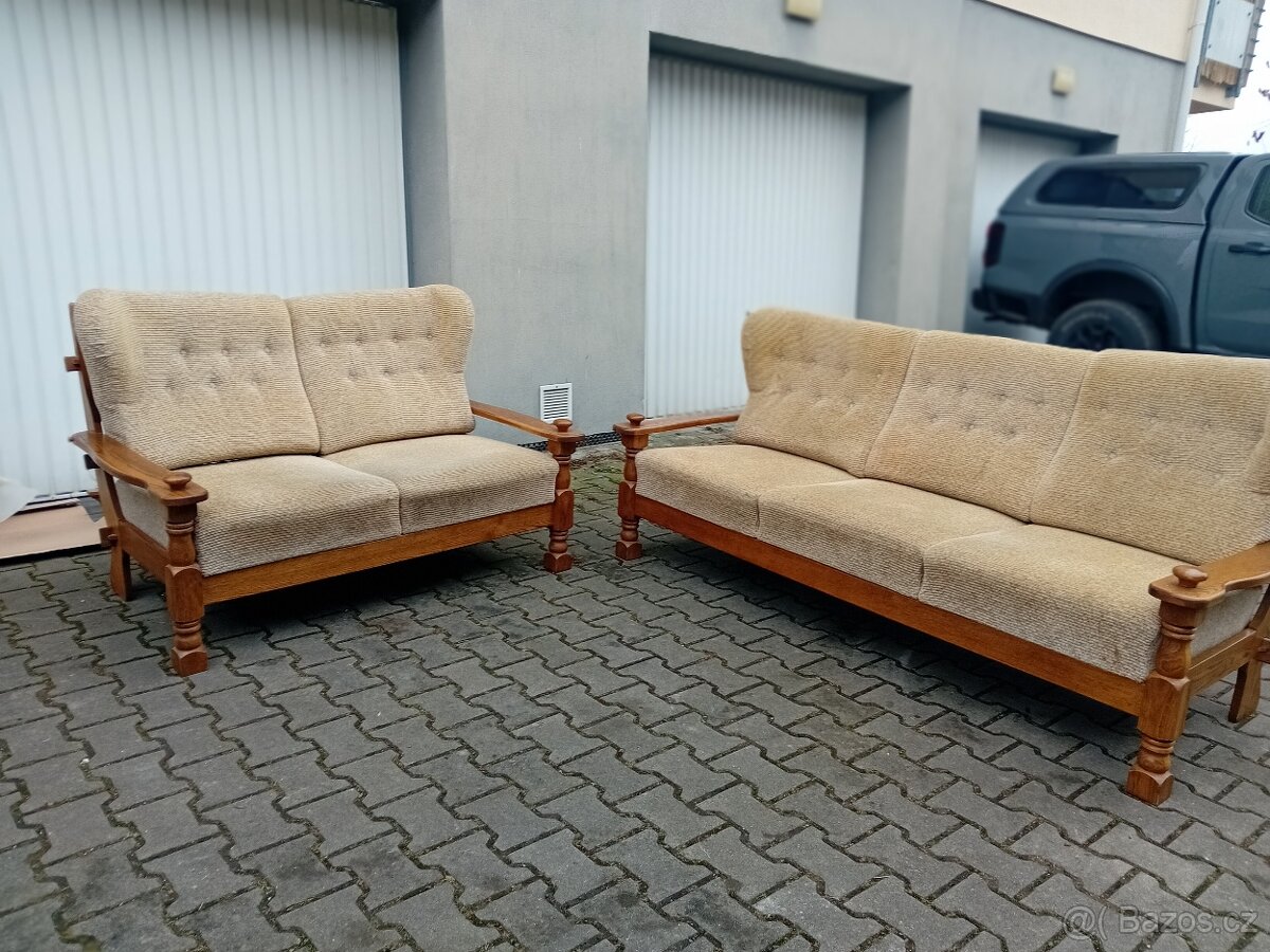 sedací souprava 3+2, masivní dřevěná konstrukce dub rustik