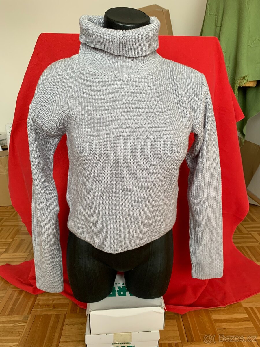 dámské oblečení - šedý, krátký svetr vel. 38