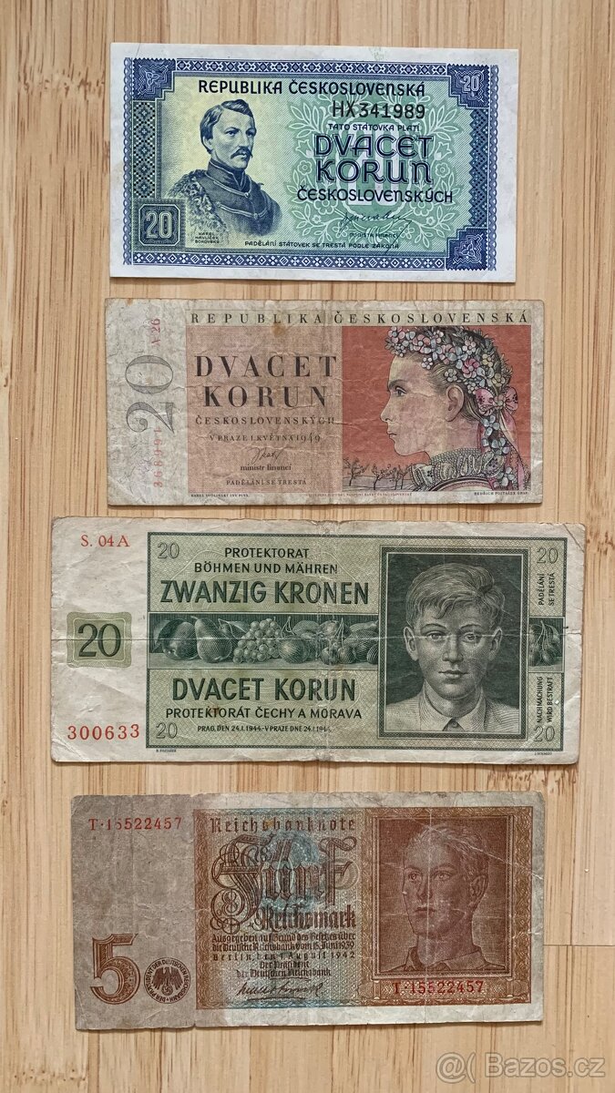 Různé bankovky Reichsmark, rubl, koruny
