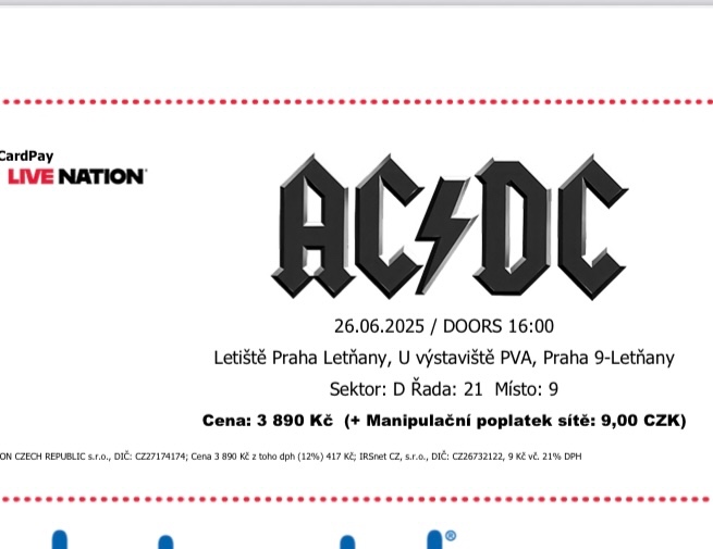 Prodám 1 vstupenku na koncert ACDC