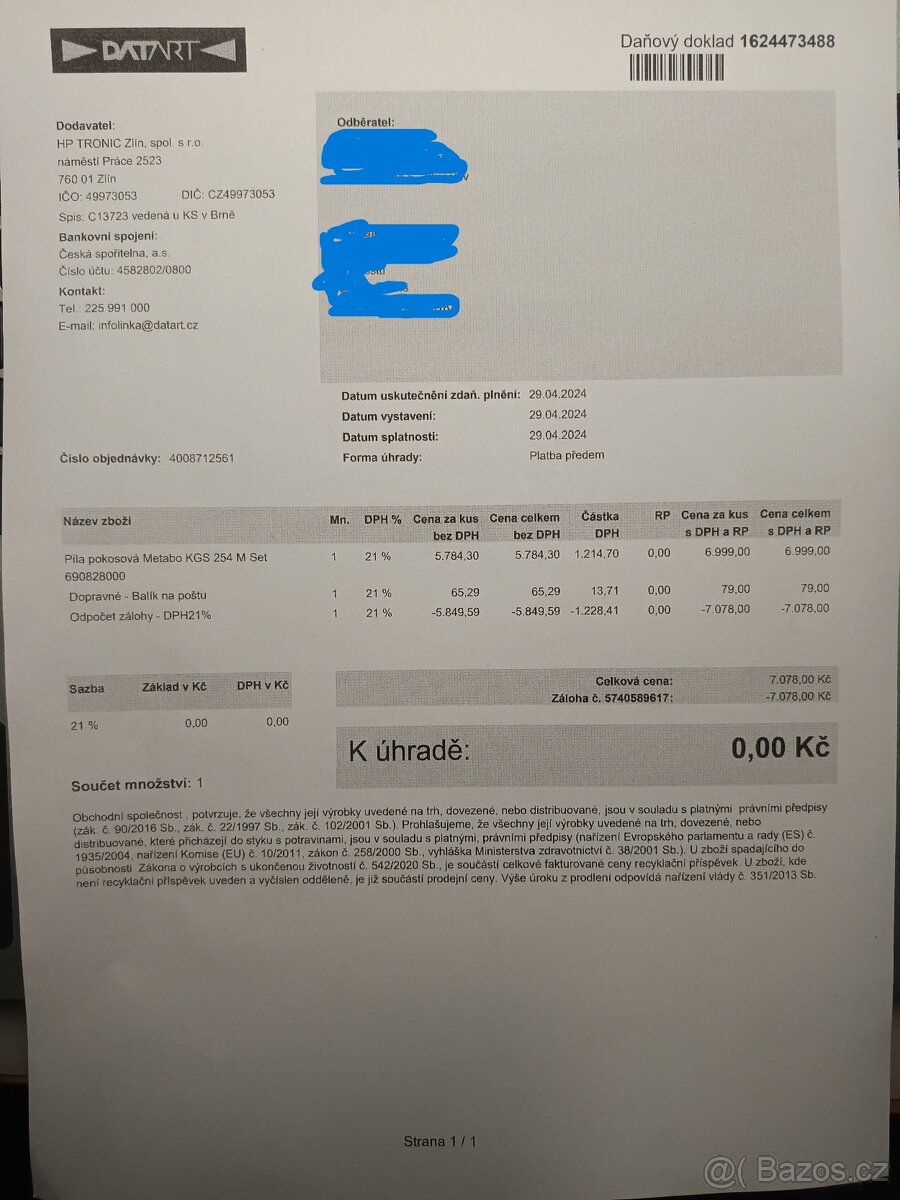 Pokosová pila Metabo KGS 254 M v záruce.