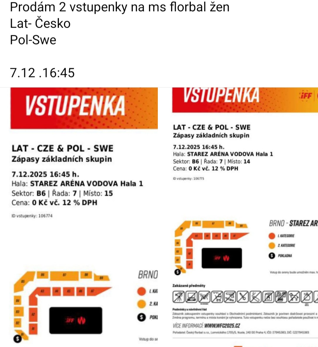 Prodám 2  vstupenky na ms florbal žen v brně