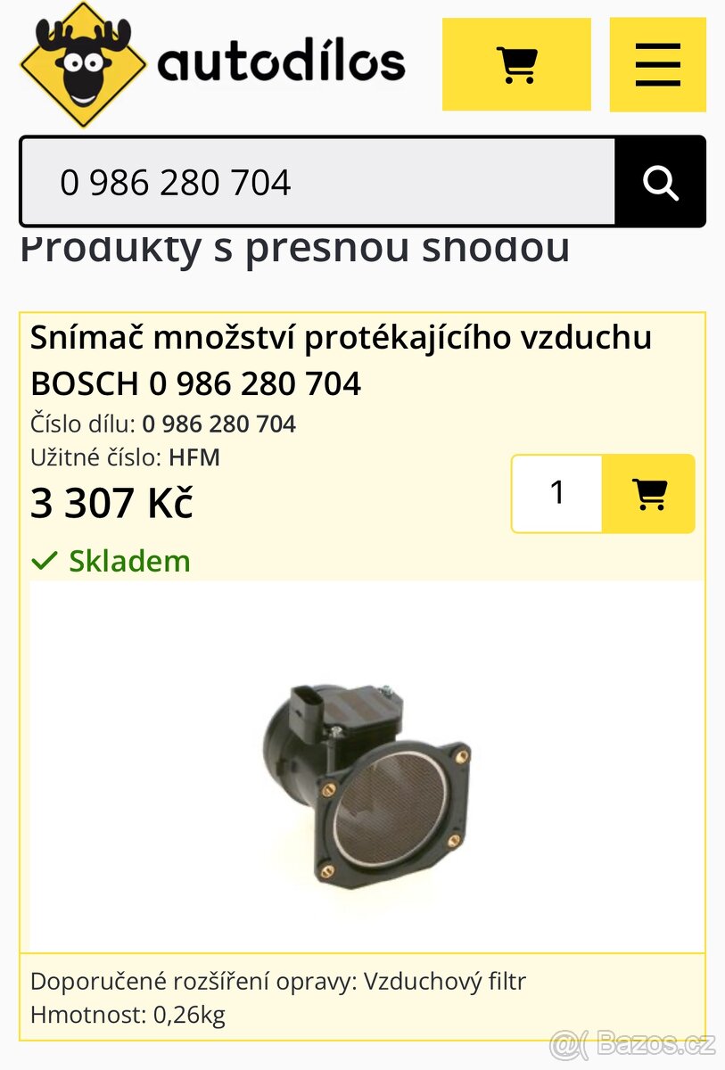 Hmotnostní průtokoměr vzduchu BOSCH 0 986 280 704