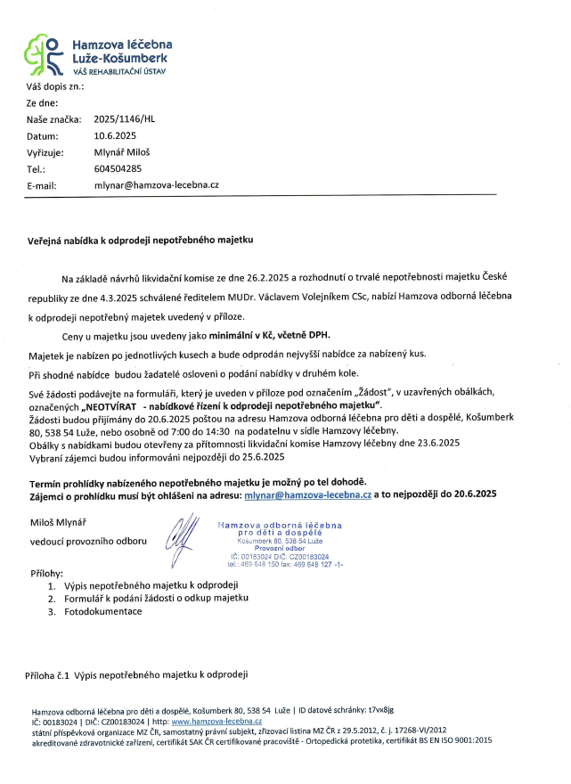 Nabídka nepotřebného majetku Hamzova léčebna