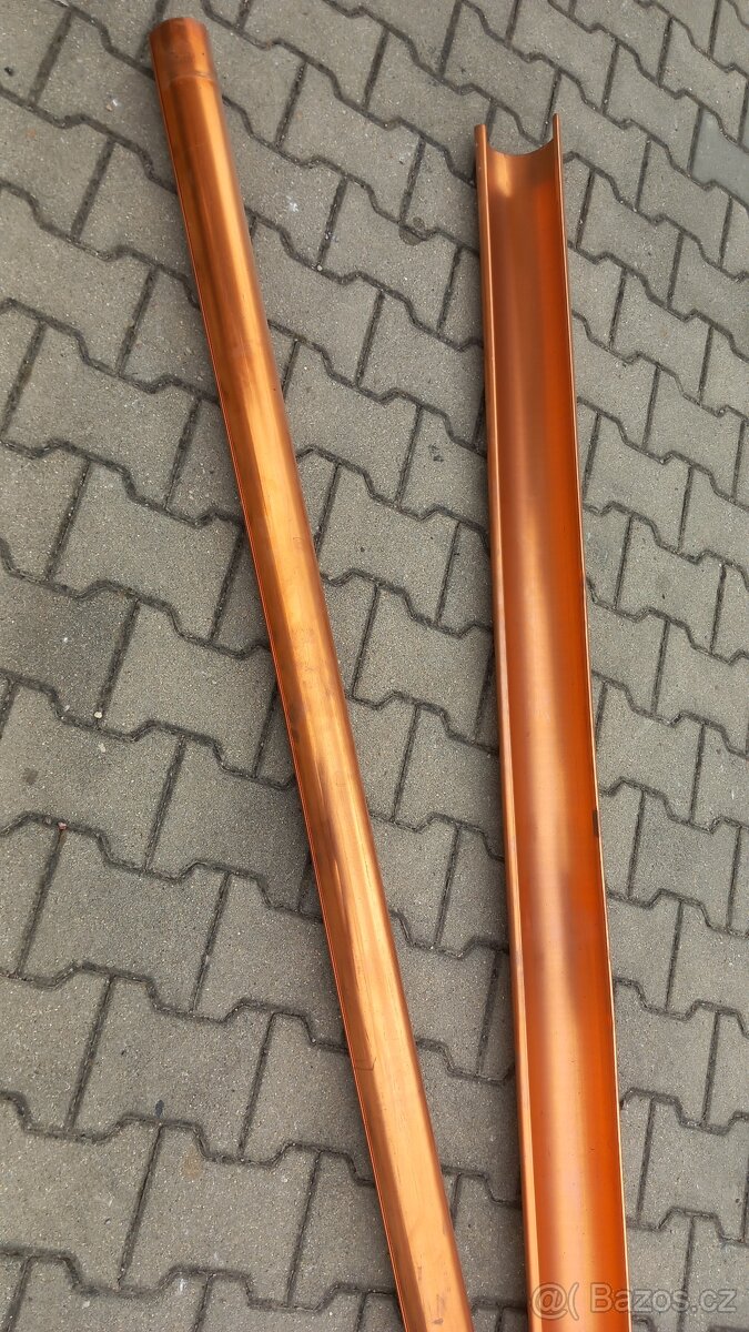 Méděné okapy, trubky, háky, rohy, čela