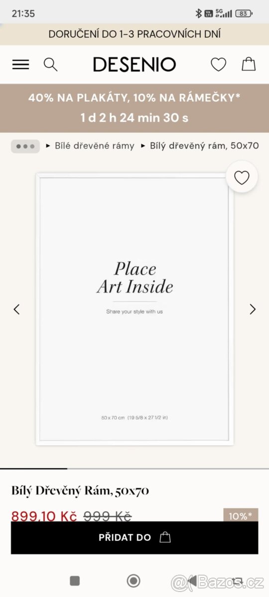 Dřevěný rám na obraz 50x70, bílá, plexi