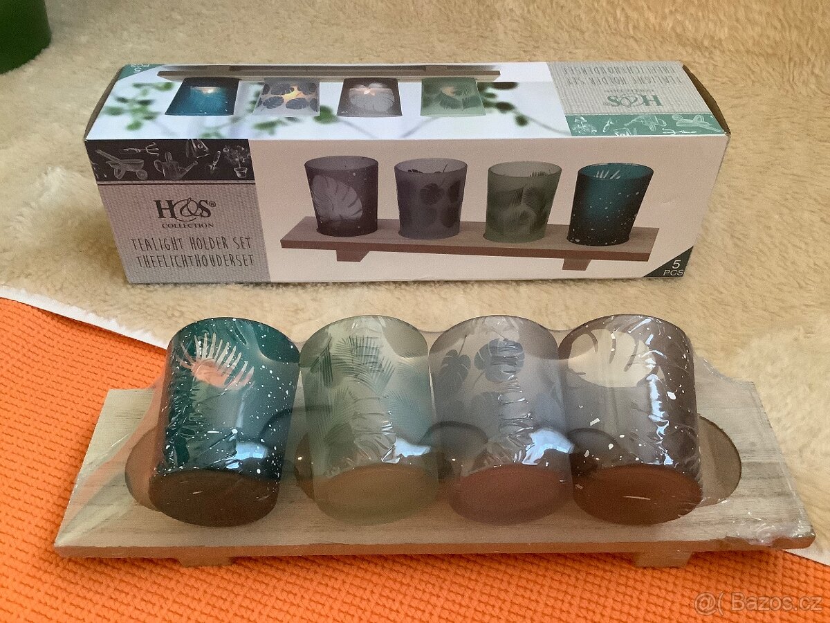 krásná ozdobná SADA SVÍCNŮ na čajové svíčky na tácku