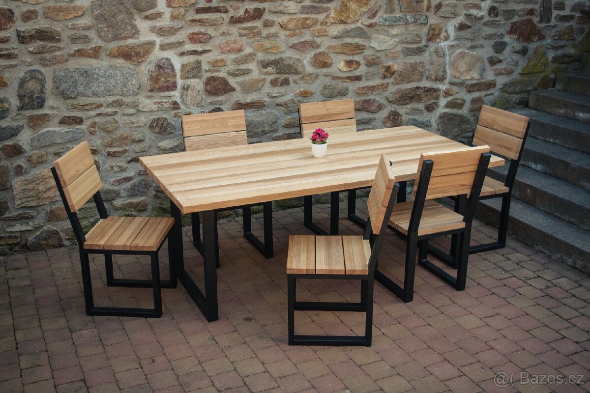 Masivní jidelní set z jasanu (1x stůl, 6x židle)