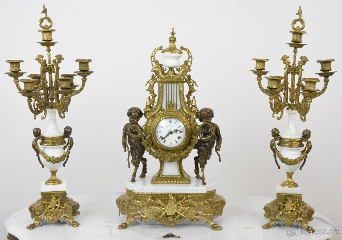 Starožitné krbové hodiny FHS s kentaury+svícny XXL