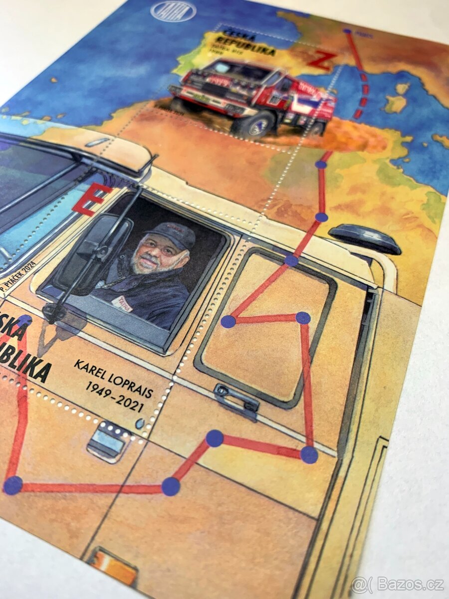 Známka, aršík Karel Loprais 1949-2021 a Tatra 815 Dakar