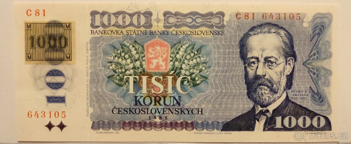 1000 Kč 1985 C 81 Lepený kolek UNC