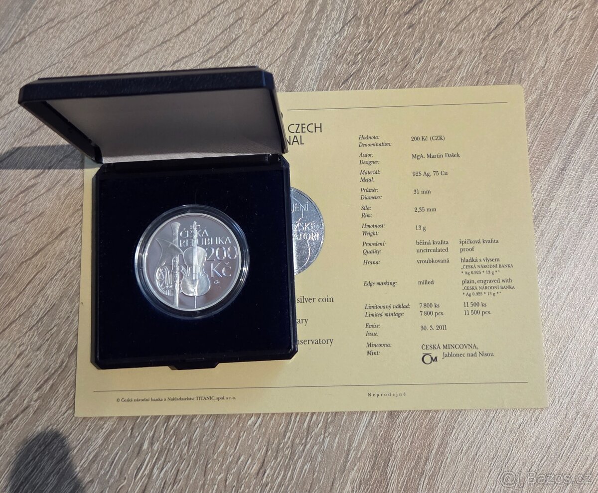 Stříbrná mince 200kč zahájení výuky na Přažské konzervatoři