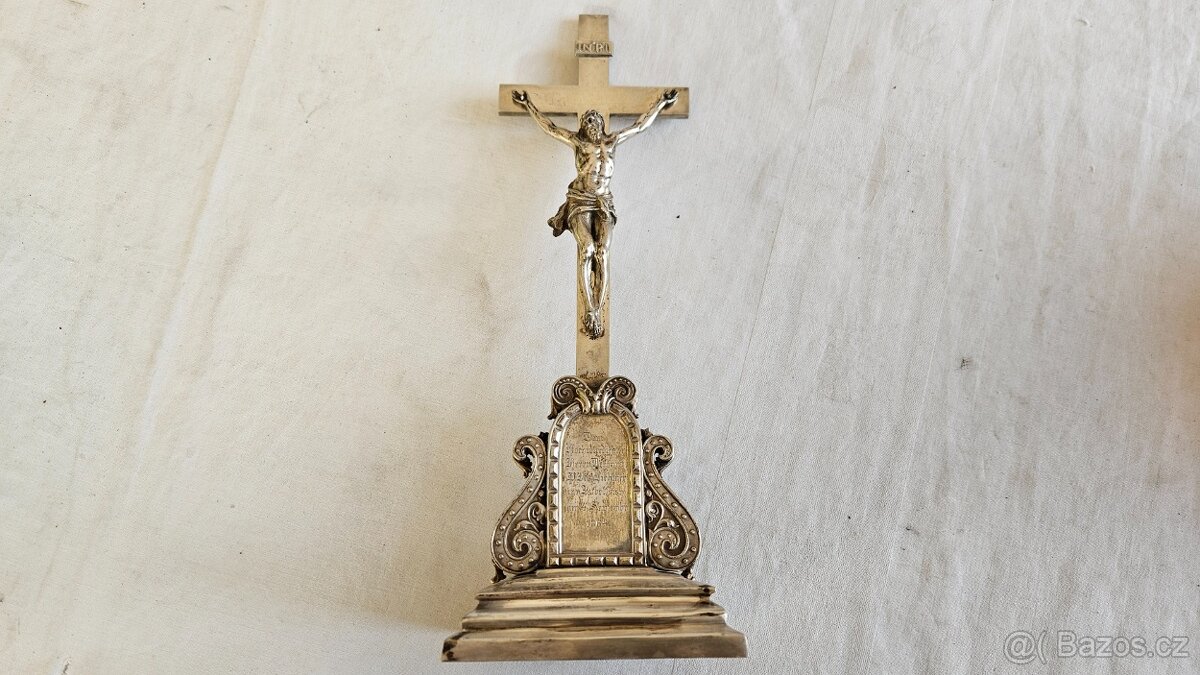 Ag stříbro stolní krucifix loťák rok 1864 biedermeier styl