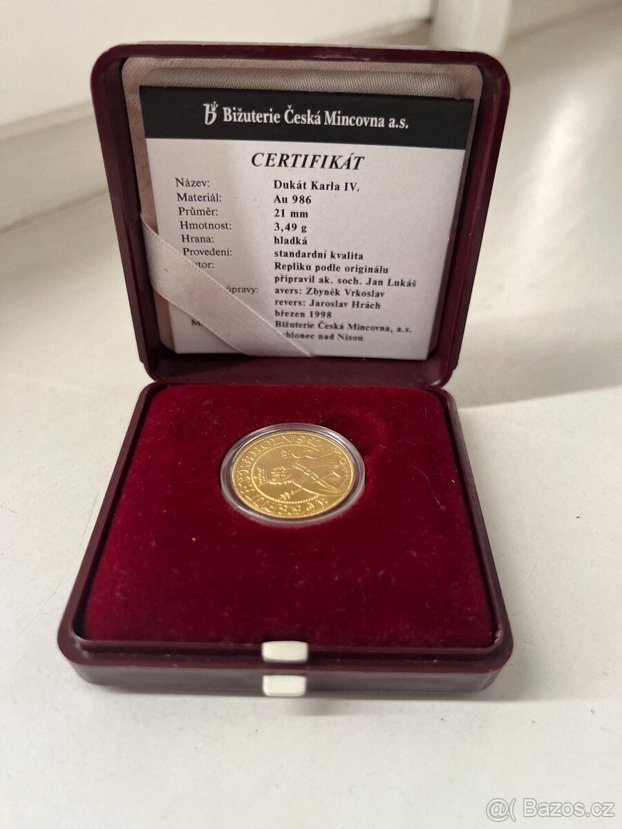 Dukát Karla IV. 1998 Česká Mincovna včetně certifikátu
