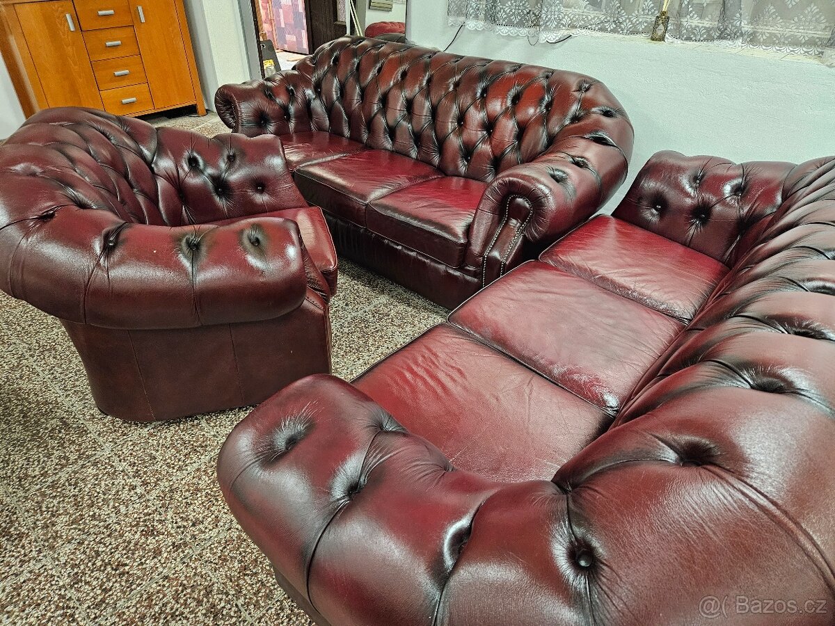 CHESTERFIELD ŠTÝL,KOŽENÁ SEDAČKA 3+3+1,ZĽACNENÁ