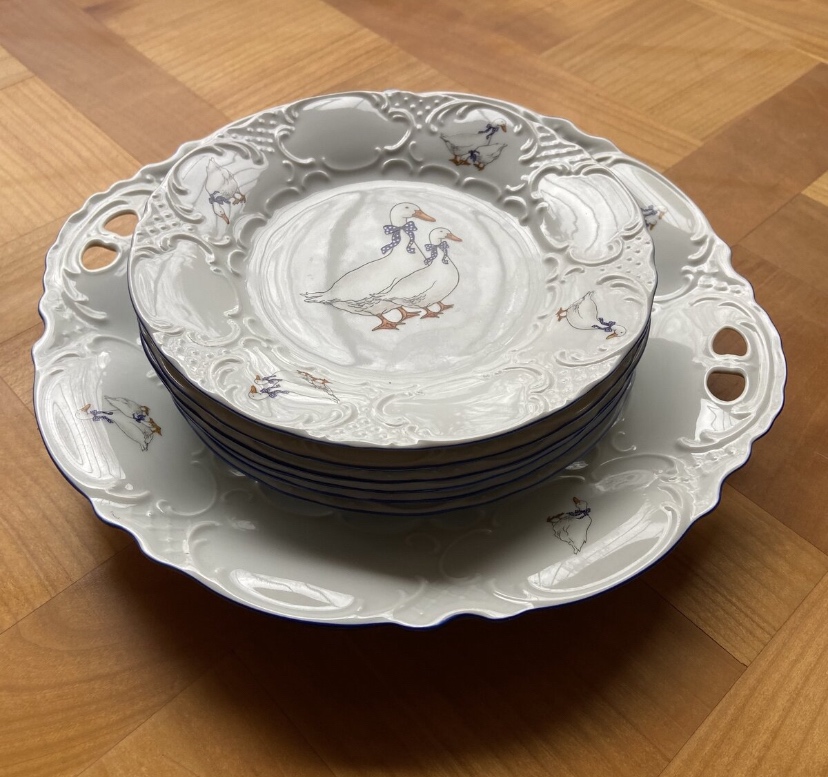 7 dílná nová porcelánová koláčová souprava husy