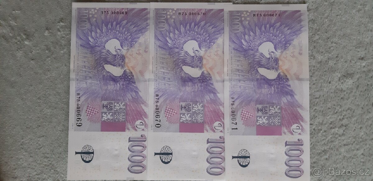 1000kč s přítiskem (cena za 3ks)