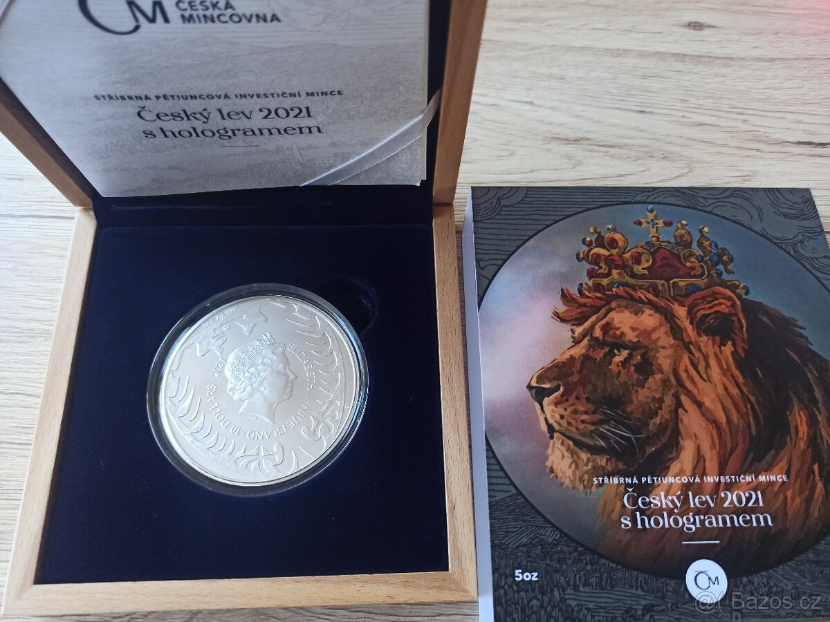 Stříbrná pětiuncová investiční mince Český lev 2021 s hologr