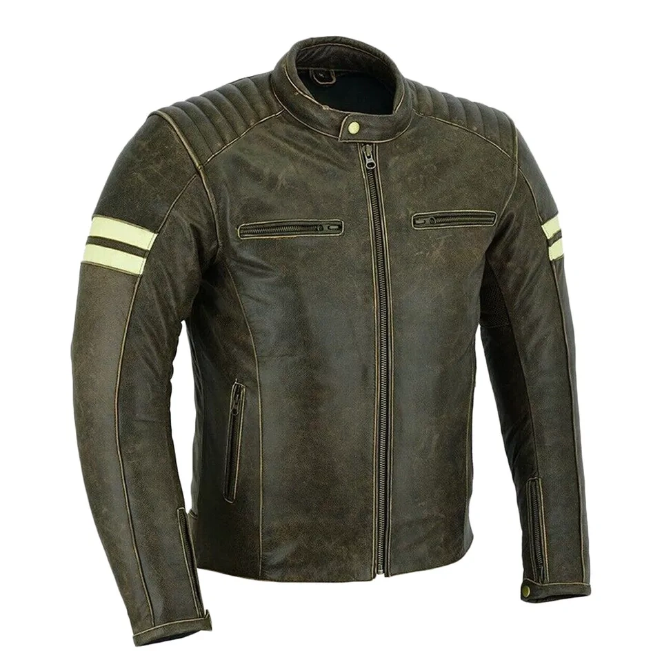 Moto Kožená Bunda Cafe Racer Brown Stripess