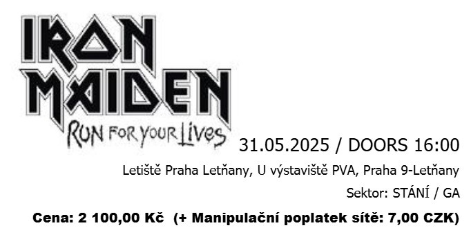 IRON MAIDEN, 31.5.2025, Praha - 1 vstupenka