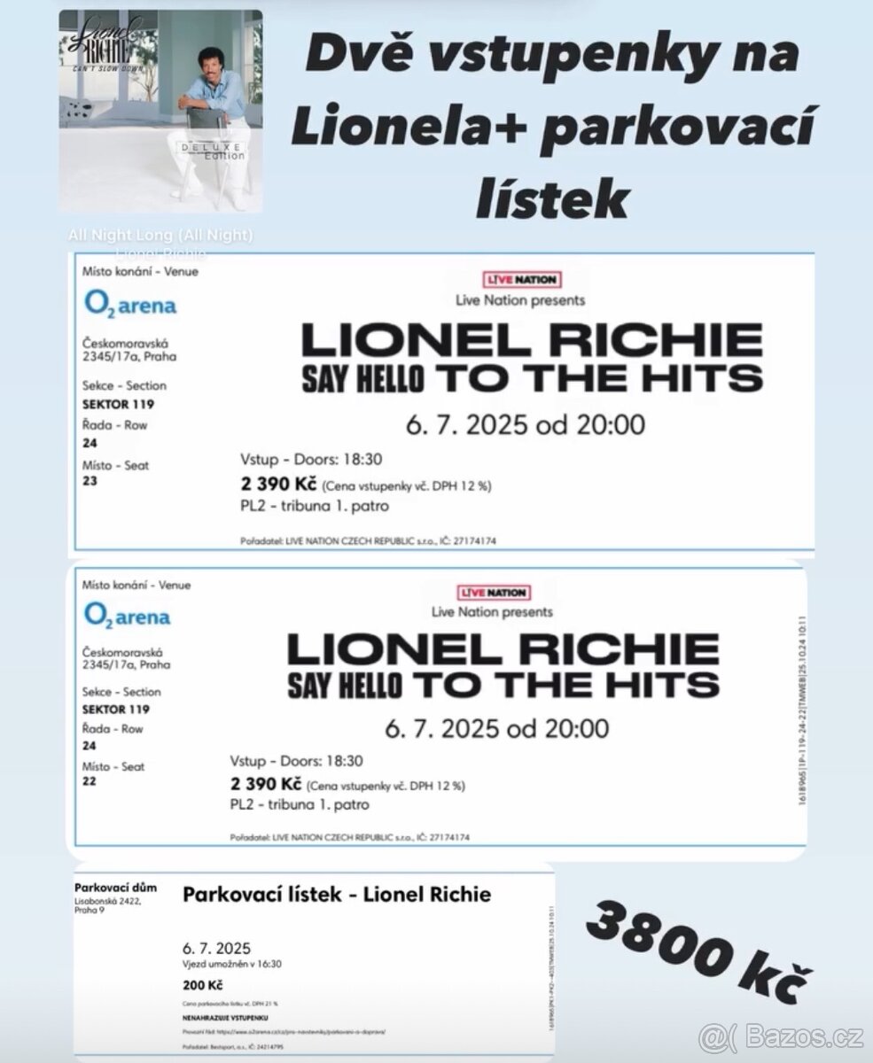 LIONEL RICHIE, Praha 6.7., 2 vstupenky+parkovné