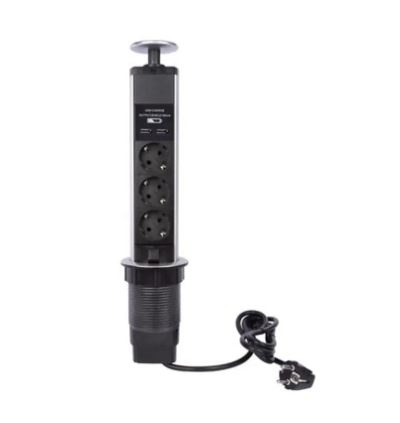 Výsuvná rozbočovací zásuvka s 2x USB A, SCHUKO