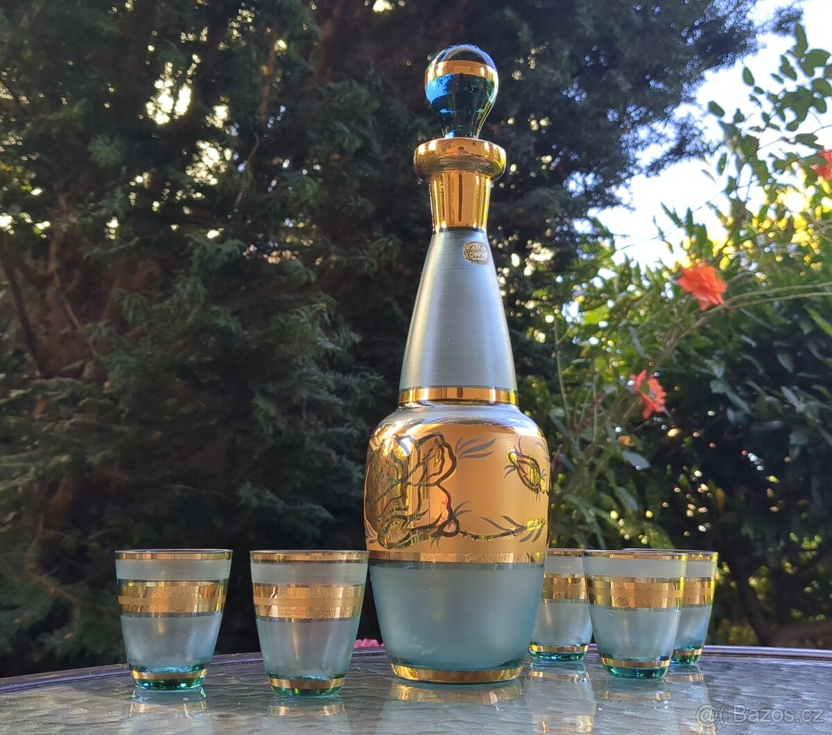 Likérová souprava - modro-zelené sklo se zlacením