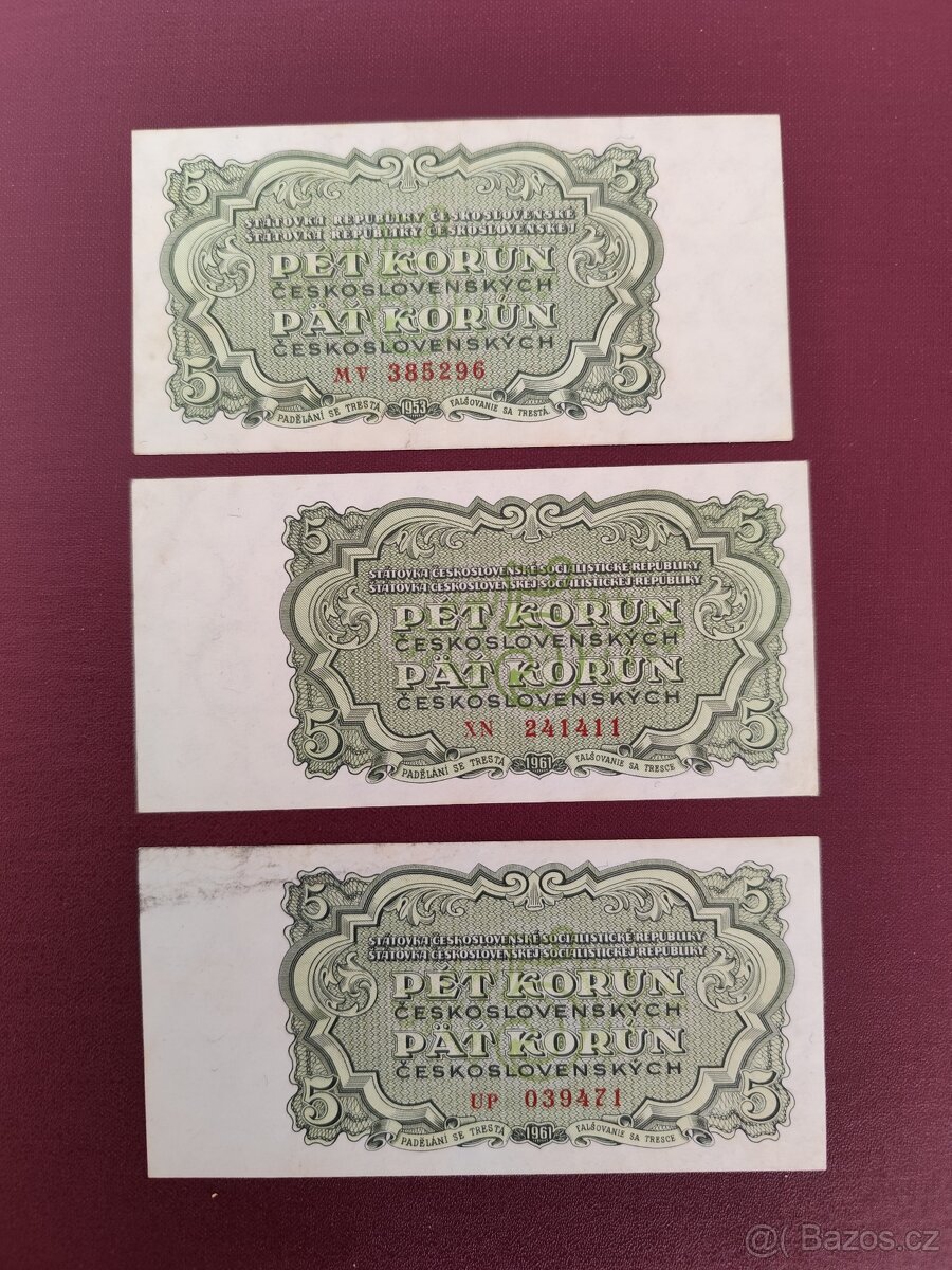 3 ks bankovek 5 korun 1953/1961